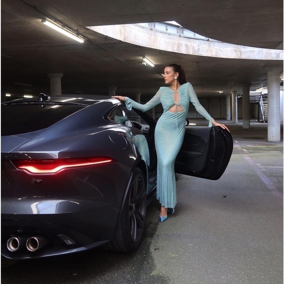 SELF PORTRAIT | pale blue rhinestone midi Longsleeve cut out - Picture 10 of 14